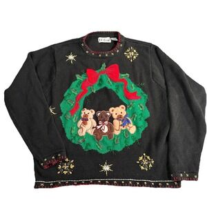 BP Design Sweater Women's SZ XL Applique Teddy Bears Embroidered Granny Core